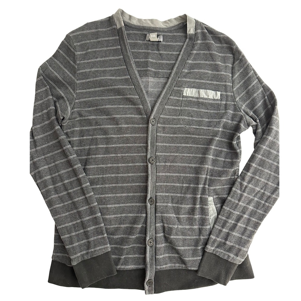 Kenneth Cole Reaction Men's Cardigan Sweater Gray Striped Pockets V Neck Large L